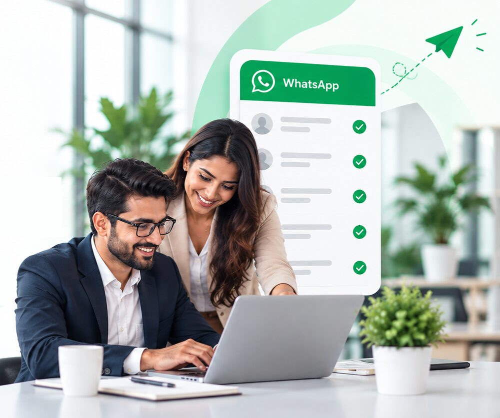 Two people smiling at a laptop while WhatsApp messages are delivered